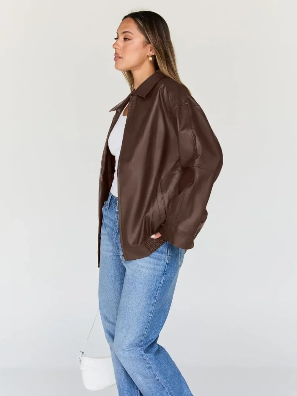 Women's Brown Oversized Faux Leather Moto Fall Winter Coat Bomber Jacket